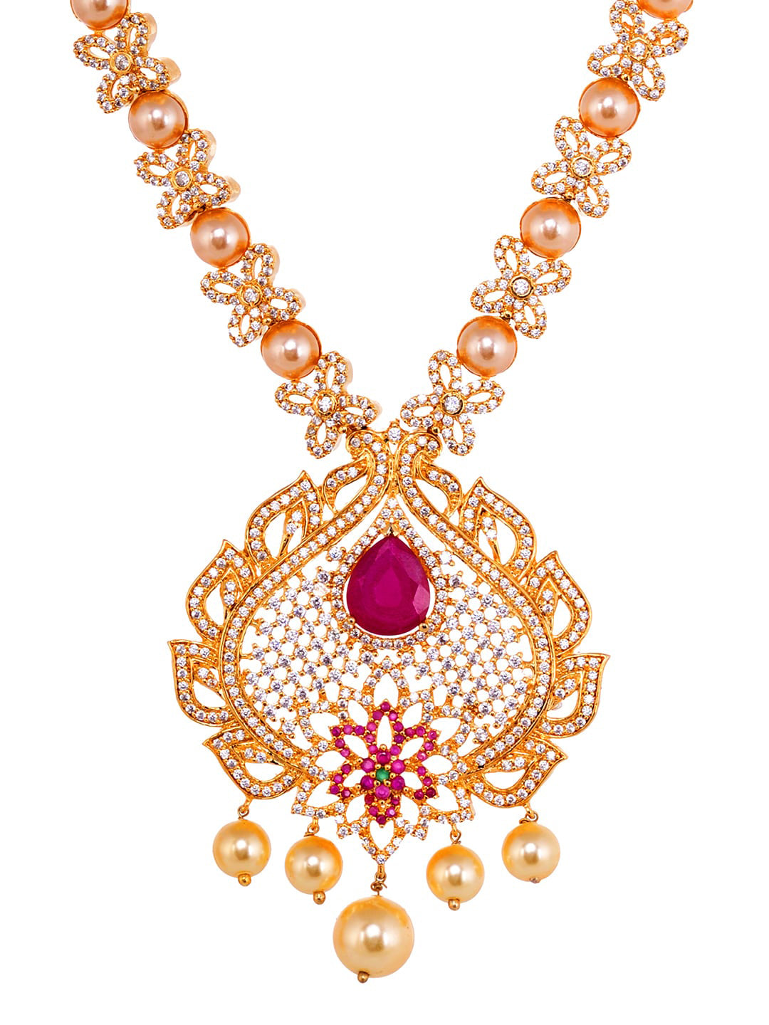 Saraf RS Jewellery Gold-Plated White & Pink American Diamond Studded & Beaded Handcrafted Jewellery Set - Distacart
