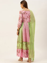 Thumbnail for HERE&NOW Women Green & Pink Floral Printed Anarkali Cotton Kurta With Dupatta - Distacart