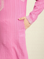 Thumbnail for House of Pataudi Men Pure Cotton Self Striped Embroidered Thread Work Jashn Kurta - Distacart