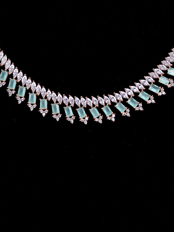 Saraf RS Jewellery Sea Green & Rose Gold-Plated American Diamond Studded Jewellery Set - Distacart