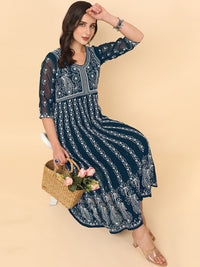 Thumbnail for HERE&NOW Women Chikankari Embroidered Thread Work Georgette Anarkali Kurta - Distacart