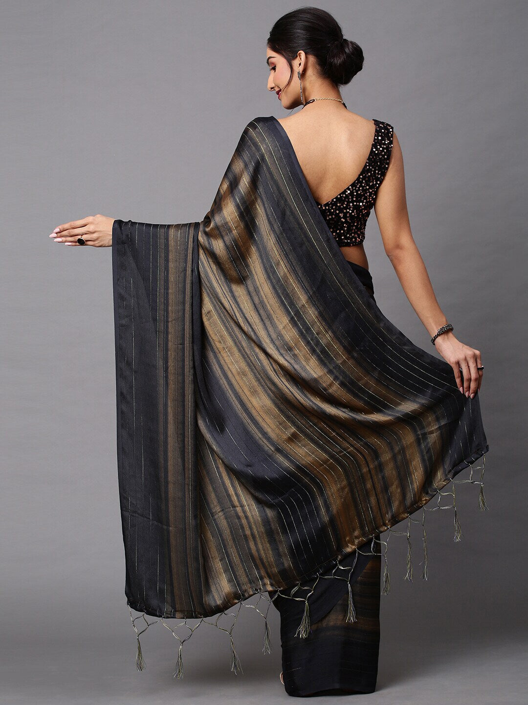 Mitera Black & Tan Striped Party Wear Saree - Distacart