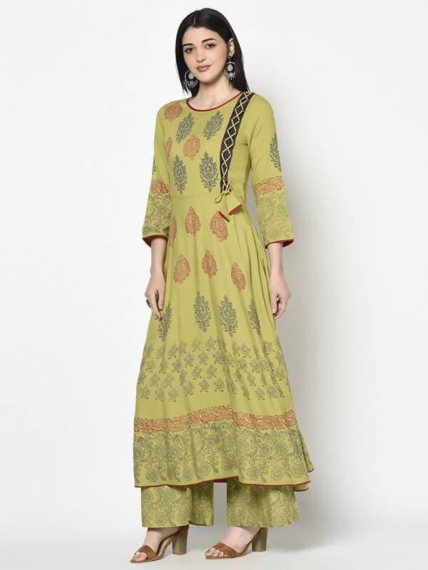Aniyah Rayon Parrot Green Color Block Print Anarkali Kurta (AN-195K)