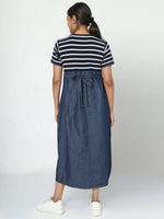 Thumbnail for Manet Half Sleeves Maternity Dress White Striped With Concealed Zipper Nursing Access - Navy - Distacart