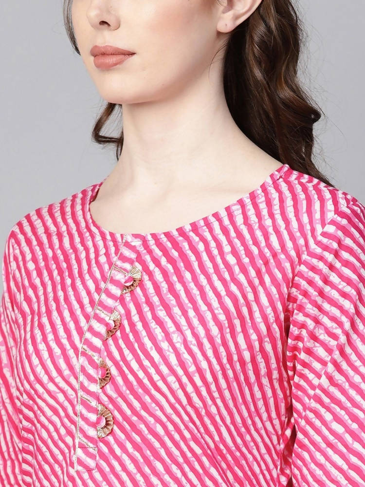 Yufta Women Pink & White Leheriya Print Straight Kurta