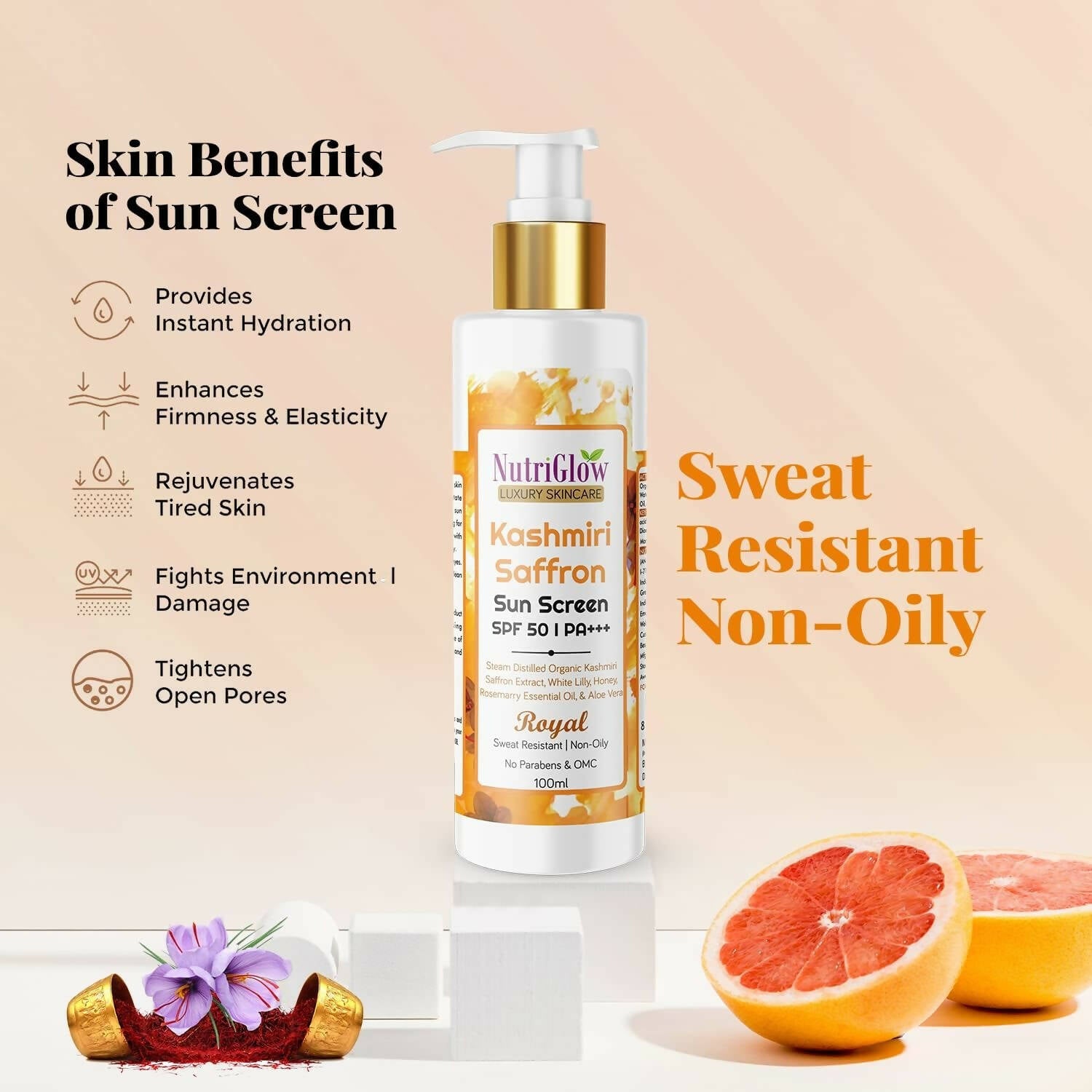 NutriGlow Luxury Skincare Kashmiri Saffron Sunscreen Serum 50 PA+++ - Distacart