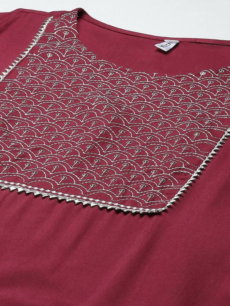 Yufta Women Burgundy Yoke Design Regular Sequinned Kurta with Palazzos & With Dupatta