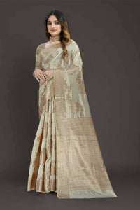 Thumbnail for Off White Pure Raw Silk Zari Woven Saree with Unstitched Blouse Piece - Alisha - Distacart