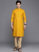 Thumbnail for Manyavar Men Yellow Solid Band Collar Regular Sleeves Straight Kurta - Distacart
