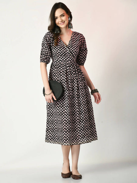 Myshka Women's Black Empire Printed Dress - Distacart