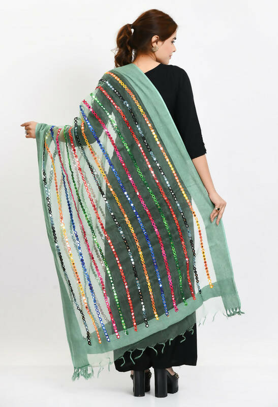 Mominos Fashion Moeza Women's Orgenza Multi Thread Mirror Work Pista Green Dupatta - Distacart