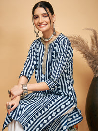 Thumbnail for InWeave Women's White Navy Stripe Print Gota Straight Kurta Pant Set - Distacart