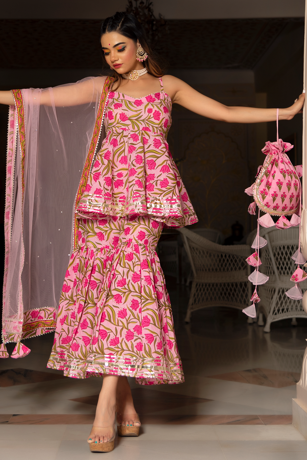 Pomcha Jaipur Nazakat Pink Cotton Hand Block Sharara Set - Distacart