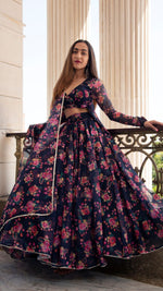 Thumbnail for Pomcha Jaipur Majari Blue Organza Lehenga Set - Distacart