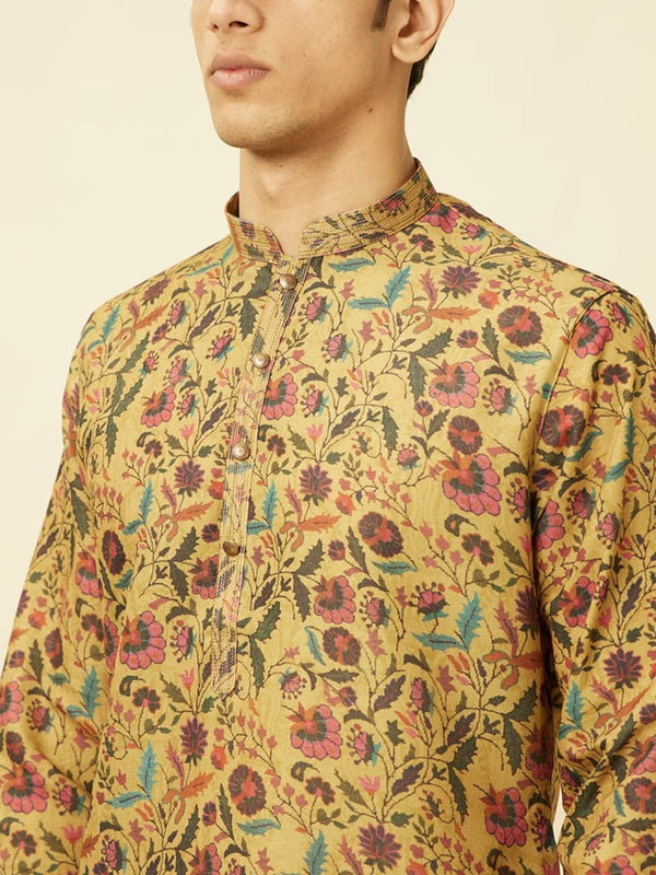 Manyavar Floral Printed Printed Mandarin Collar Thread Work Kurta & Pyjamas - Distacart