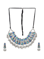 Thumbnail for Cardinal Oxidised Silver-Toned & Blue Stones-Studded & Beaded Jewellery Set - Distacart