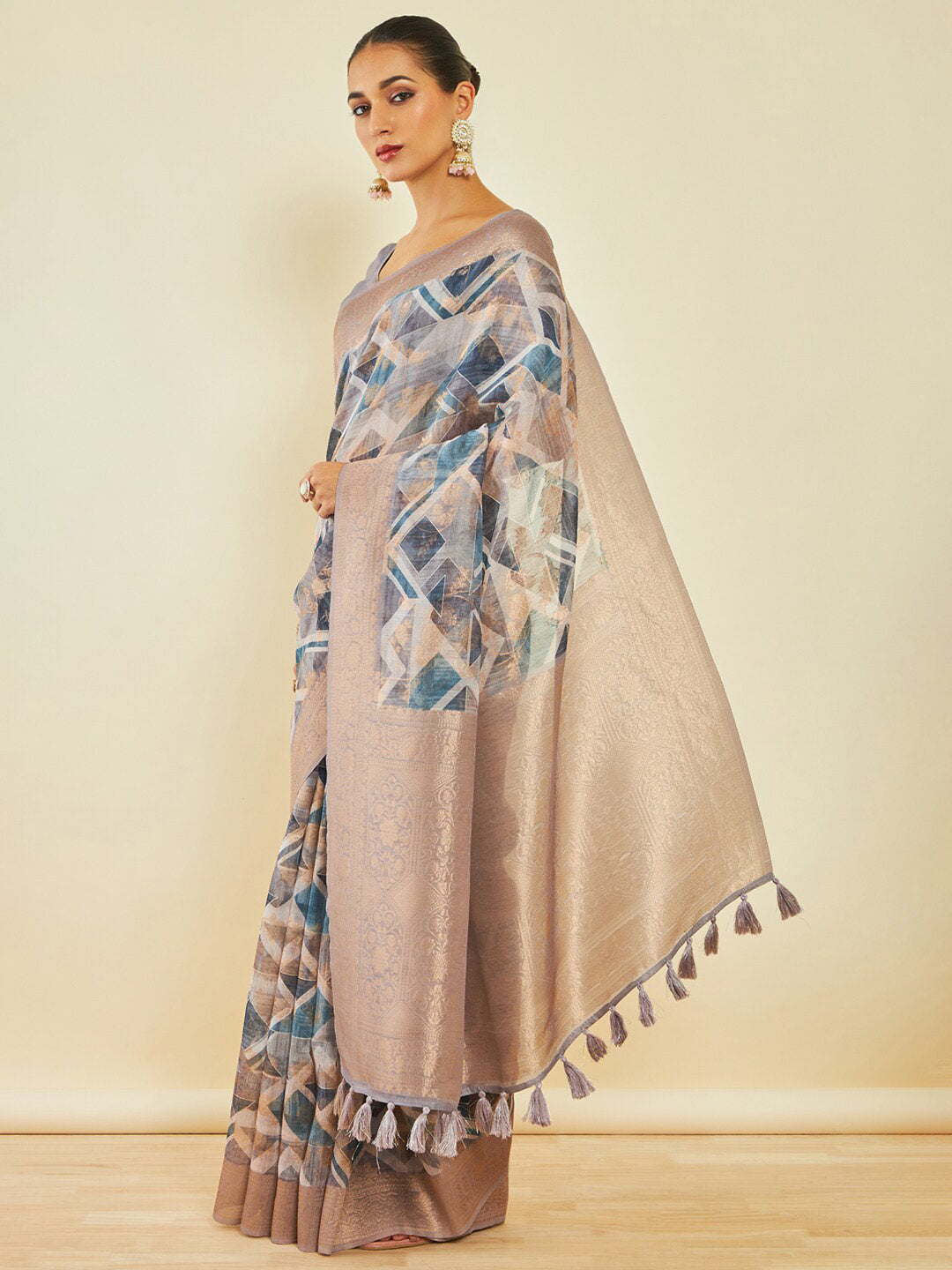 Soch Geometric Printed Zari Tussar Saree - Distacart
