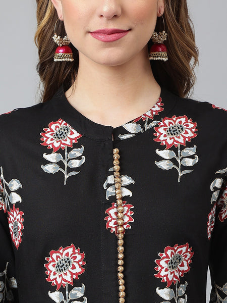 Khushal K Women Black Floral Printed Gotta Patti Kurta with Trousers & With Dupatta - Distacart