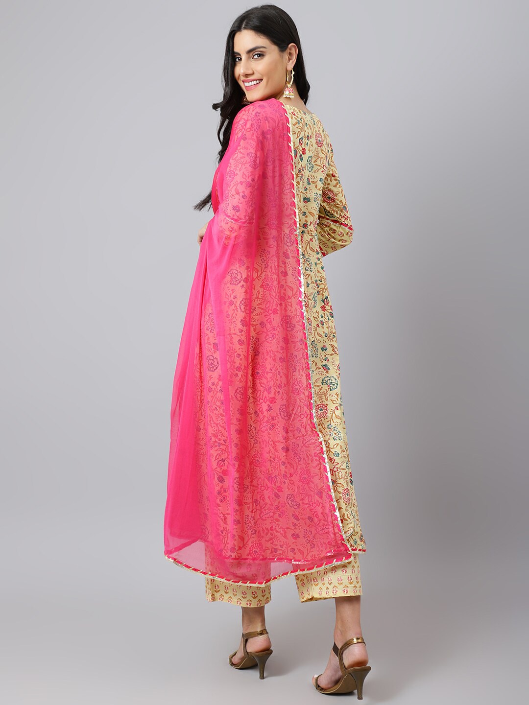 Khushal K Floral Printed A-Line Gotta Patti Pure Cotton Kurta with Palazzos & Dupatta - Distacart