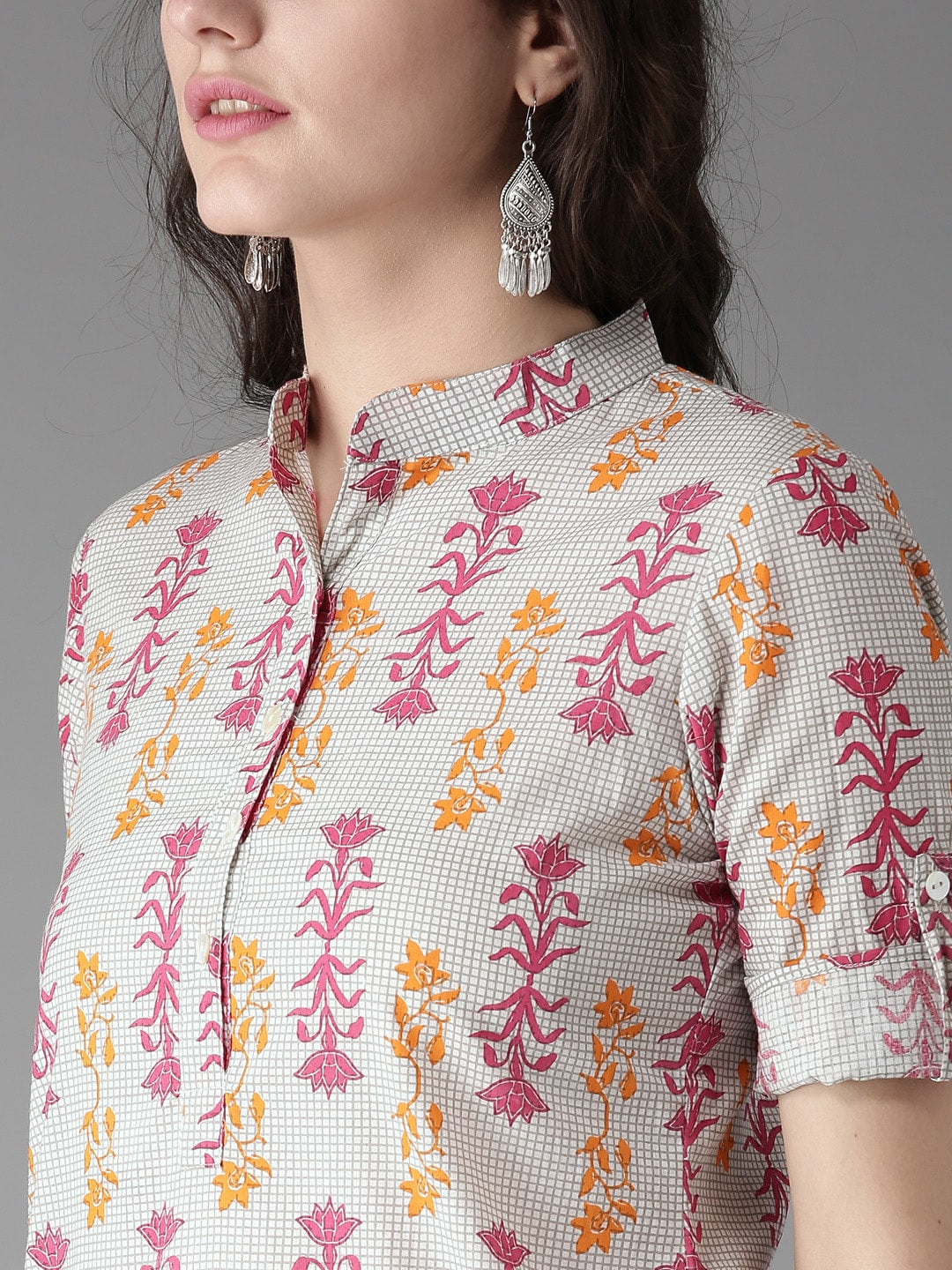 HERE&NOW Women Grey & Pink Printed Straight Kurta - Distacart