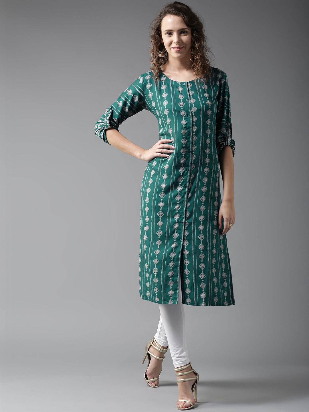 HERE&NOW Women Teal Green & White Printed Straight Kurta - Distacart