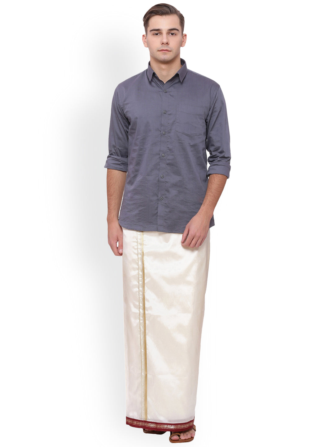 Sethukrishna Men Cream Solid Double Layer Readymade Dhoti With Pocket - Distacart