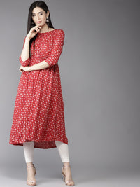 Thumbnail for HERE&NOW Women Red & Off-White Printed A-Line Kurta - Distacart