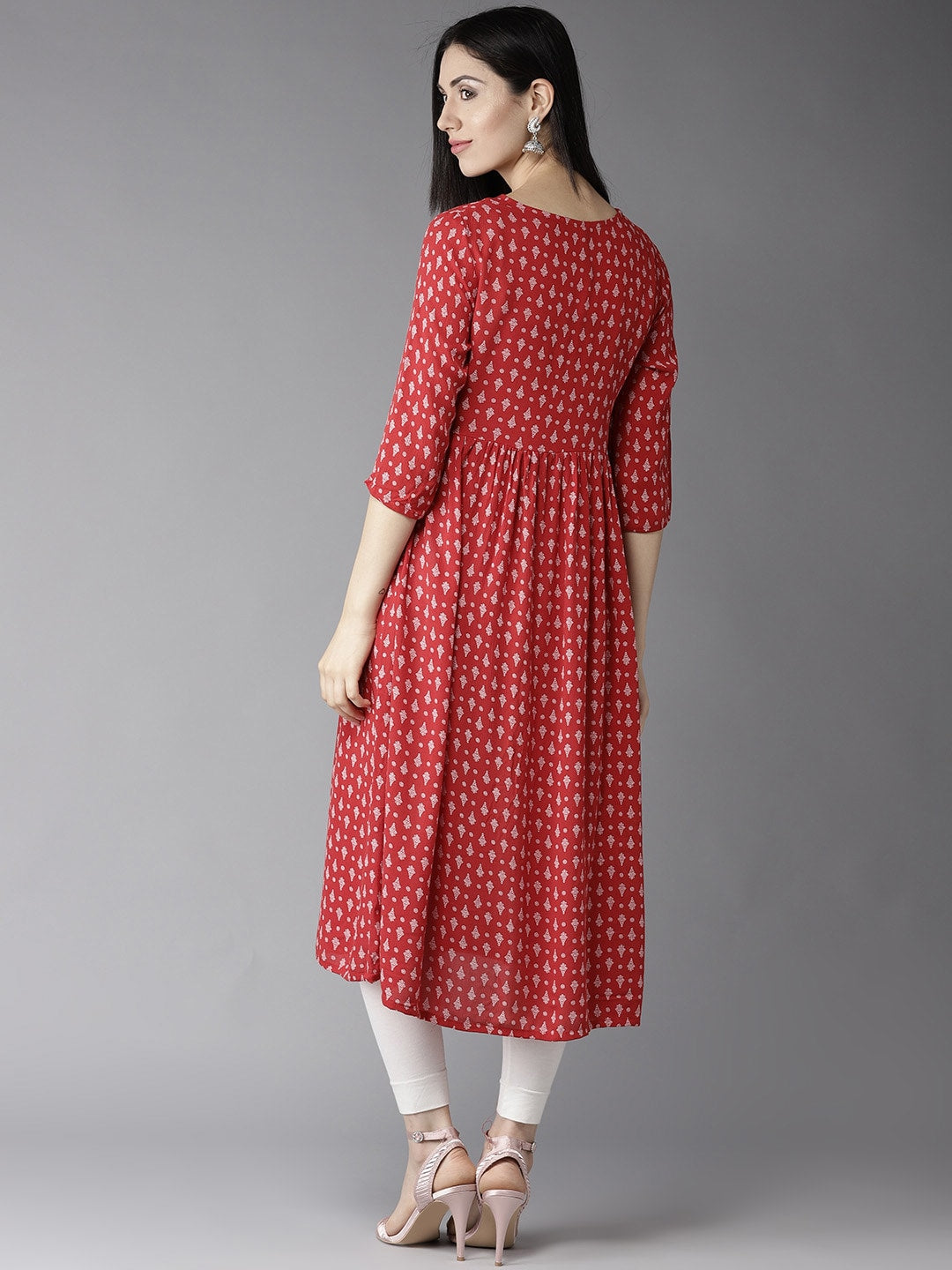 HERE&NOW Women Red & Off-White Printed A-Line Kurta - Distacart