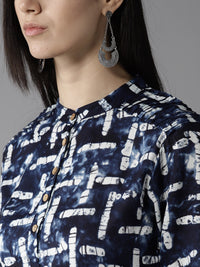 Thumbnail for HERE&NOW Women Navy Blue & Off-White Printed Straight Kurta - Distacart