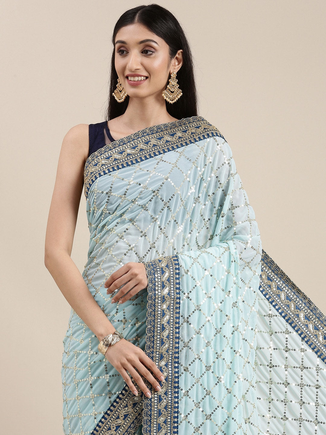 Mitera Blue Embellished Sequinned Saree - Distacart