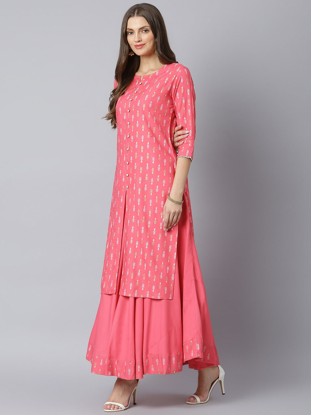Khushal K Women Pink & White Printed Kurta with Solid Flared Maxi Skirt - Distacart