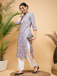 Thumbnail for InWeave Women's Blue Pink Print Angrakha Style Straight Kurta Pant Set - Distacart