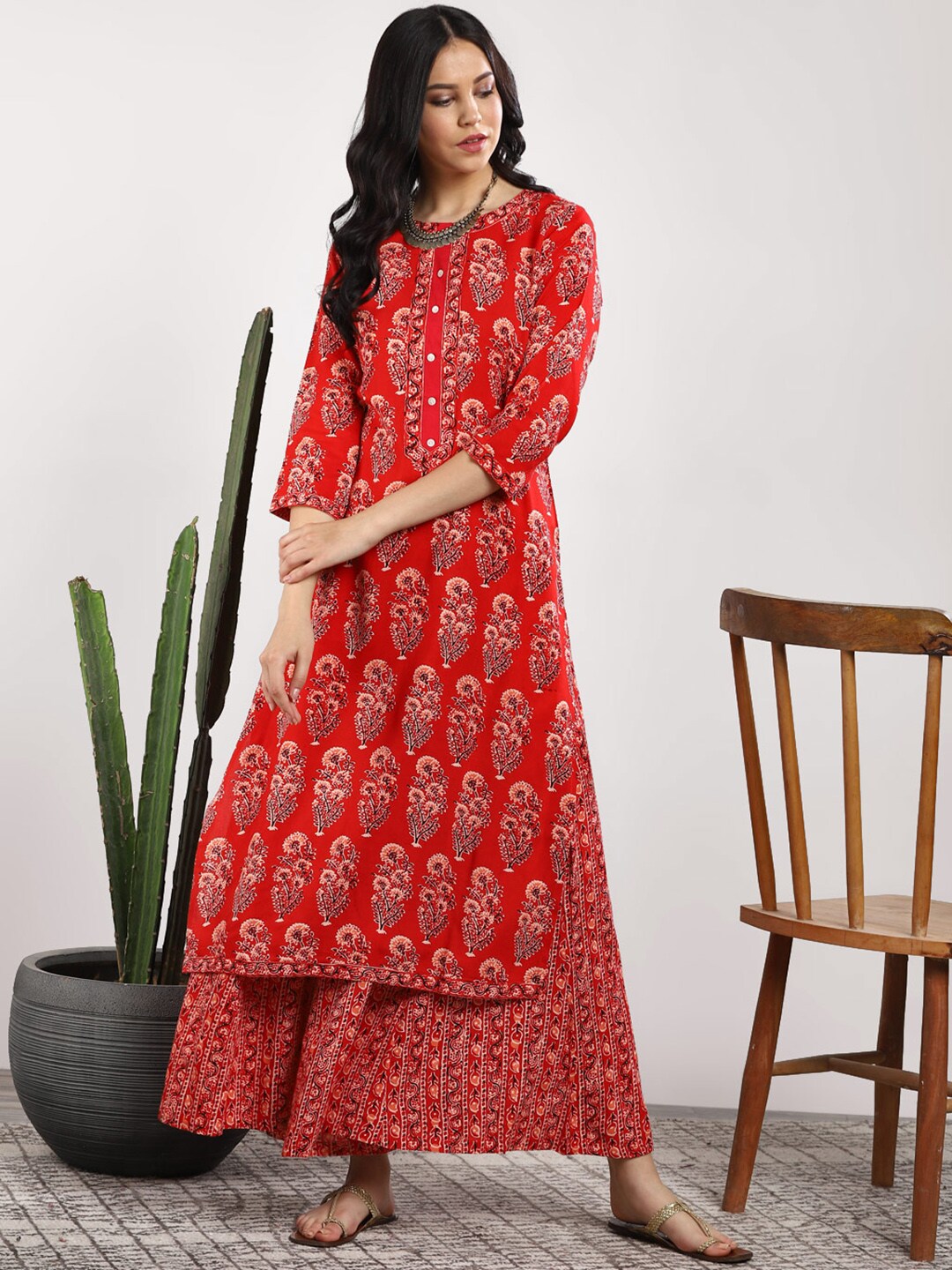 Sangria Women Red Printed Kurta with Palazzos - Distacart