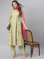 Thumbnail for Khushal K Women Green & Pink Printed Pure Cotton Kurta with Palazzos & Dupatta - Distacart