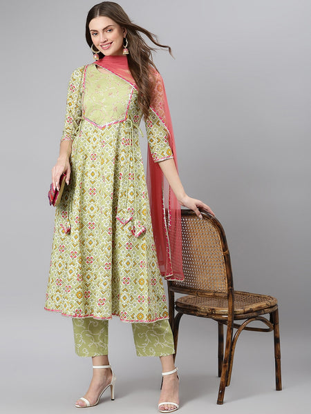 Khushal K Women Green & Pink Printed Pure Cotton Kurta with Palazzos & Dupatta - Distacart