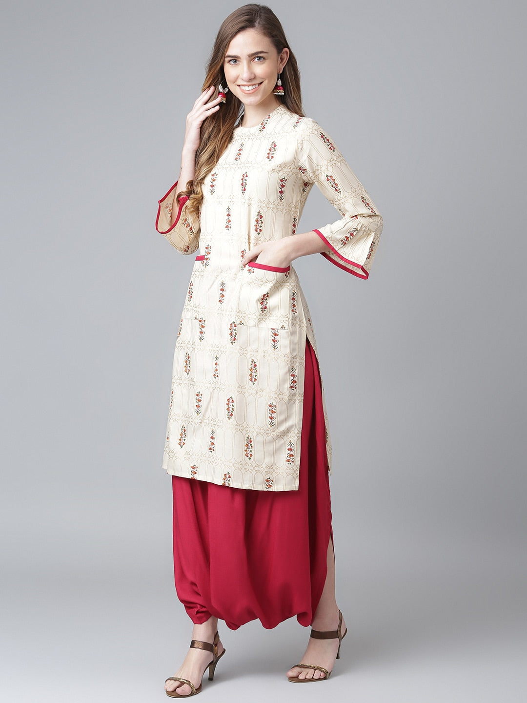 Khushal K Women Cream-Coloured & Brown Printed Kurta with Salwar - Distacart