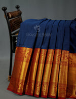 Thumbnail for Kalanetha Peacock Blue With Zari Kanchi Style Pure Narayanpet Cotton Saree By Gayathri Reddy Designer Studio - Distacart