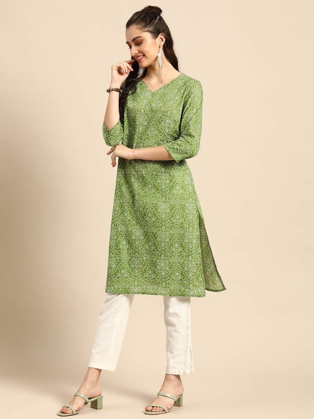 Sangria Women Green Bandhani Printed Pure Cotton Kurta - Distacart