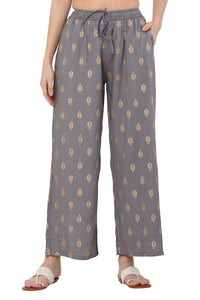 Thumbnail for PAVONINE Grey Color Full Golden Leaf Print Palazzo For Women Pant - Distacart