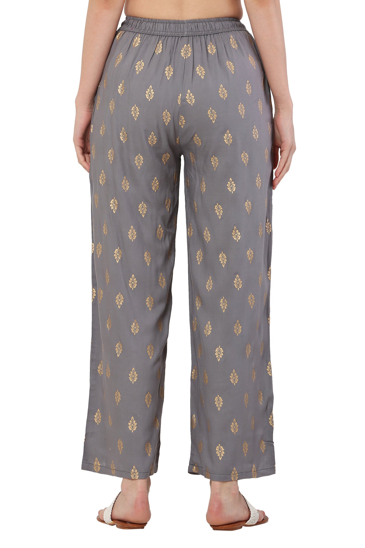 PAVONINE Grey Color Full Golden Leaf Print Palazzo For Women Pant - Distacart