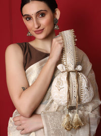 Thumbnail for Masq Off White & Gold-Toned Embellished Embroidered Potli Clutch - Distacart
