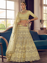 Thumbnail for Myra Lime Yellow Crepe Embroidered Lehenga - Distacart