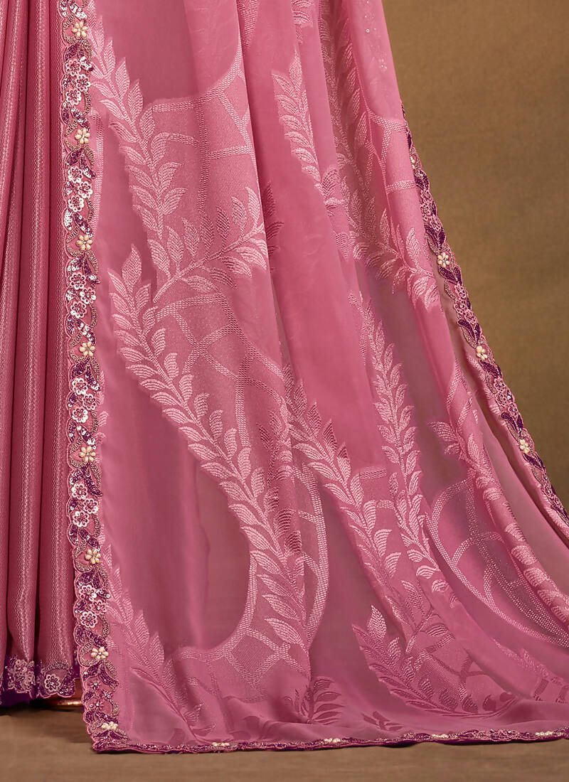 Pink Sequence/Georgette Film Jacqurad Designer Saree with Unstitched Blouse - Norita Mahitha - Distacart