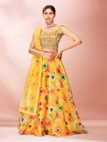Thumbnail for Myra Yellow Art Silk Embroidered Mirror Work Lehenga - Distacart