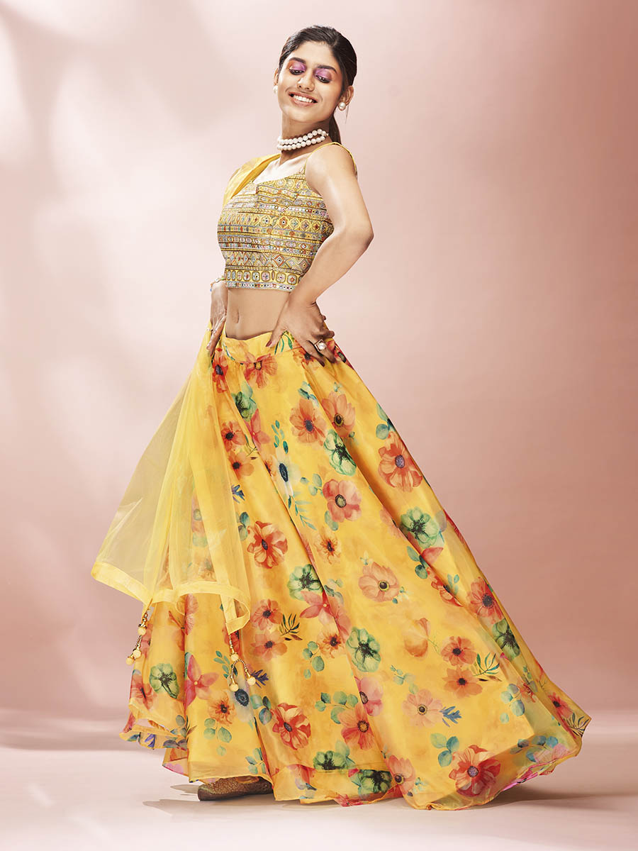 Myra Yellow Art Silk Embroidered Mirror Work Lehenga - Distacart