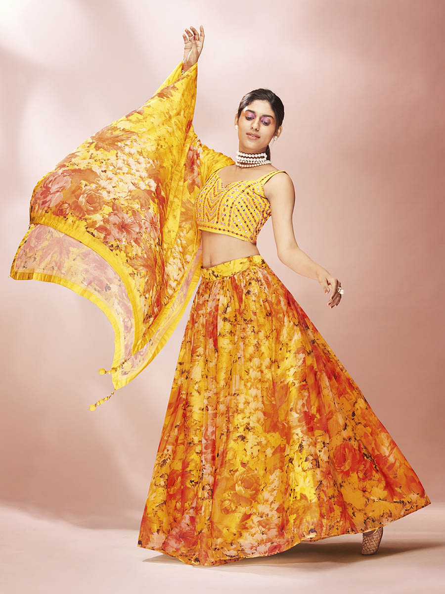 Myra Yellow Art Silk Embroidered Mirror Work Lehenga - Distacart