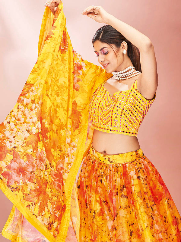Myra Yellow Art Silk Embroidered Mirror Work Lehenga For Women - Distacart