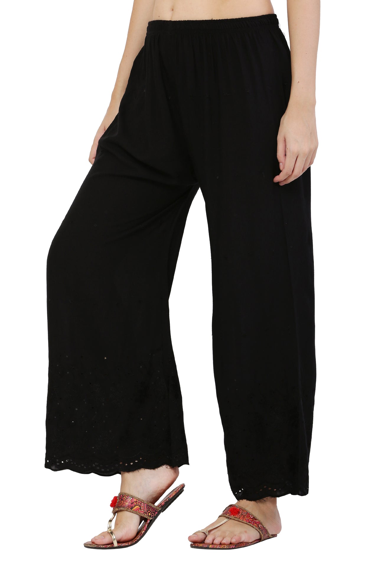 PAVONINE Black Color Half Schiffli Chikankari Rayon Fabric Palazzo For Women - Distacart