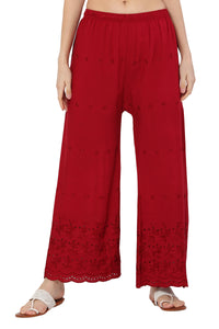 Thumbnail for PAVONINE Maroon Color Half Schiffli Chikankari Rayon Fabric Palazzo For Women - Distacart