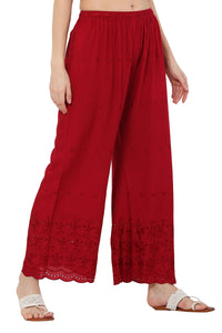 Thumbnail for PAVONINE Maroon Color Half Schiffli Chikankari Rayon Fabric Palazzo For Women - Distacart